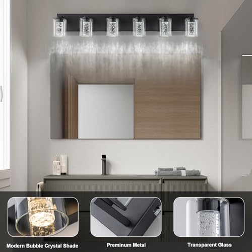 Image of SineRise Bathroom Vanity Light with 3 Color Modes (3000K /4000K /6000K), Eye Protection LED Bathroom Light Fixture, Dimmable Modern Wall Light Over Mirror with Clear Glass Shade (Black, 6-Light)