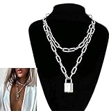 Left Girl Halskette Kette Halskette Damen Herren Dicke Kette mit Schloss Anhänger Halskette Punk Modeschmuck Anhänger Halskette, Silber…