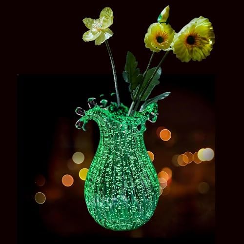QFkris Hand Blown Glass Luminous Vase for Flowers 8" Teal Crystal...