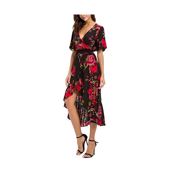 Kormei Womens Short Sleeve Floral High Low V-Neck Flowy Party Long Maxi Dress L Black&Red