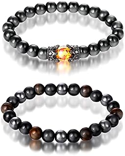 2 Pieces Triple Protection Bracelet for Women Men, Tiger Eye Black Obsidian Stone Hematite Magnetic Bracelet Bring Luck Prosperity