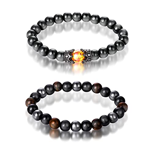 Yolev 2 Pièces Bracelet Triple Protection Femme Bracelet Pierre Naturelle Magnétique Homme Femme Oeil de Tigre Obsidienne Hématite pour Bonne Chance et Prospérité