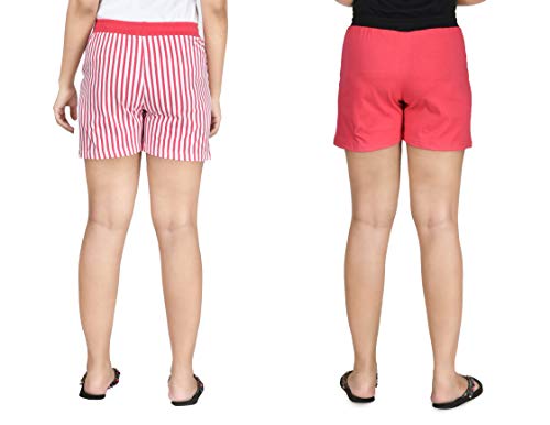 Image of Club A9 Women's Cotton Printed Shorts | Short Pants | Hot Pants (Pack of 2) (L, Pink Stripe, Dark Pink)
