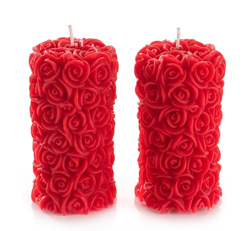 Image of Scented Candles For Home Decor, Rose Fragrance, Pillar Shape, Red Color, Set Of 2, 5.5 X 10.5 Cm - Wax