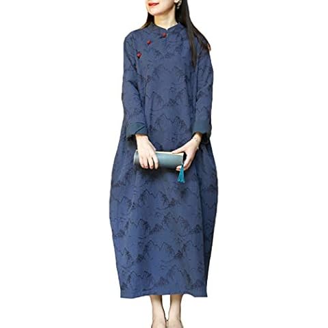 LZJN Women Jacquard Dress Chinese Cheongsam Dresses Casual Spring Autumn Cotton Linen Long Dress Double-Layer (13961 Navy, Medium) Cover