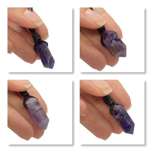 Luck Strings Natural Amethyst Point Necklace Quartz Crystal Pendant For Men Women Unisex Adult - Spiritual Meditation Stone Cord Choker Gift #TOP6