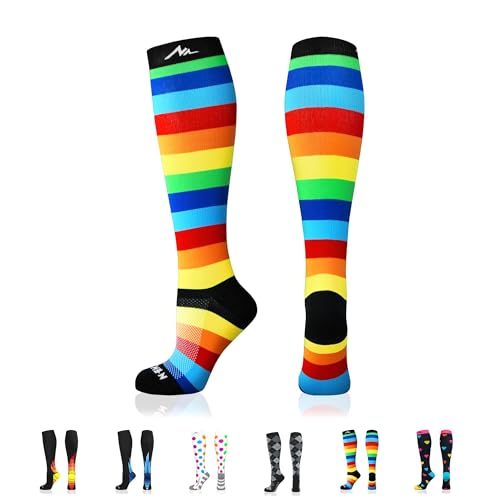 NEWZILL Medical Compression Socks for Women & Men Circulation 20-30 mmHg, Best for Running Athletic Hiking Travel Flight Nurses (Rainbow Stripes, XXL)