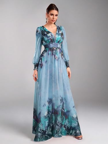 Image of TOLEEN Summer Casual Dresses for Women 2024 Spring Fashion Boho V Neck Long Sleeve Ruffle Floral Print Elegant Maxi Dress