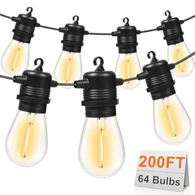 GvvooHome 200FT(50FT*4) LED Outdoor String Lights Waterproof Patio Lights with 64 Shatterproof S14 Edison Bulbs(4 Spare), Dimmable Hanging Outdoor Light Connectable for Yard, Porch, 2700K Warm White