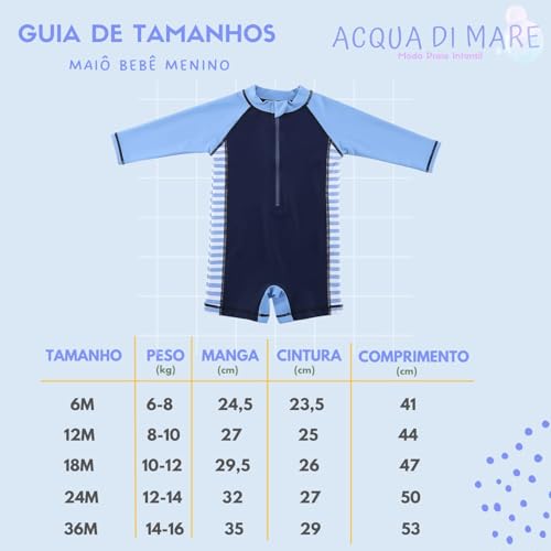 Acqua di Mare Maiô Bebê Menino Manga Longa Proteção UV 50+ Bebê 6 a 36 meses (Tons de Azul, 18 meses