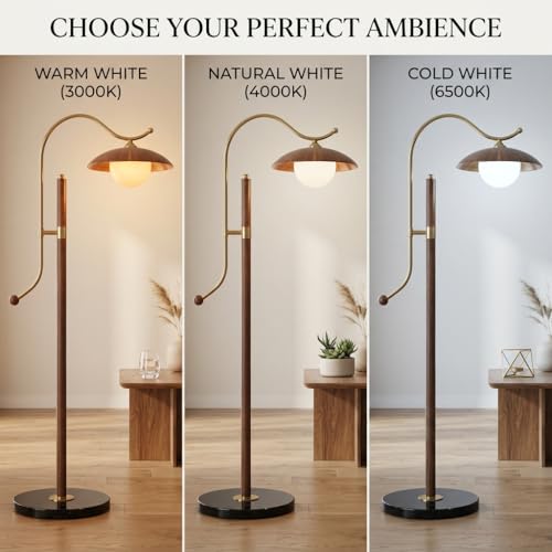 Image of Floor Lamp 3-Color CCT (Warm + Natural + Cold White) | Metal & Wood Arc Standing Lamp for Living Room, Bedroom | E27 | Home Decor