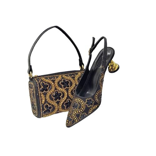 Women Shoes and Bag Set Fashion Handmade FlowersPrint Designs Decoration Lady Fashion Shoes and Bag Set Black