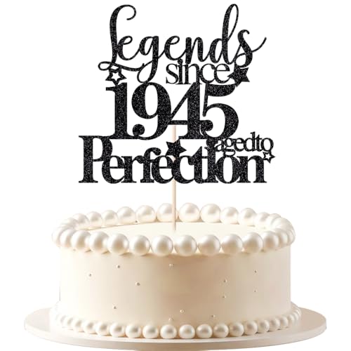 VQOUZVSR Legends since 1945 aged to perfection, decoración de pastel de cumpleaños 80 con purpurina negra, saludos a 80 años, para cumpleaños 80/aniversario de boda, fiesta, pastel de cumpleaños