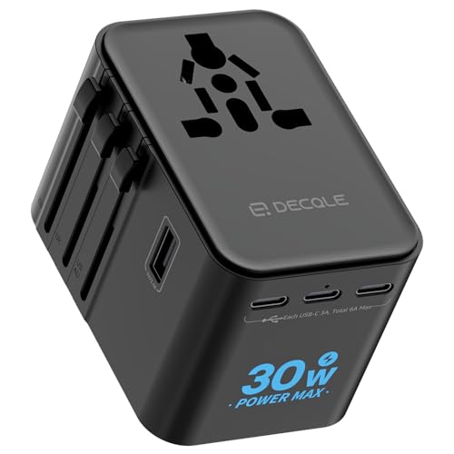 decqle Adaptador Enchufe Universal, Adaptador de Viaje con 3 USB-C(30W), 2 USB-A y 1 AC, Adaptador Universal para EU, Reino Unido, Americano, Canadá, Australia& 224+País(Negro)