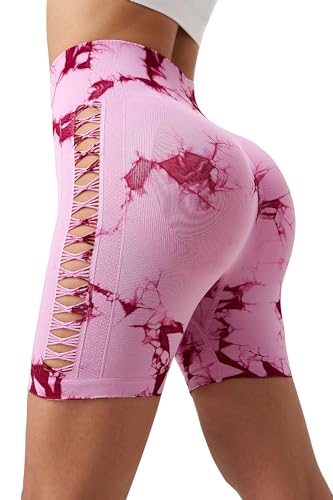 Aeghmry Women High WAIS Workout Shorts Scrunch Butt Lifting Gym Shorts Tie Dye Seamless Biker Yoga Shorts (US, Alpha, Large, Regular, Regular, Pink)