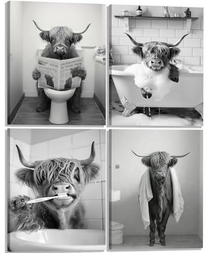 KIERAN 4Pcs Funny Bathroom Canvas Wall Art Black and White