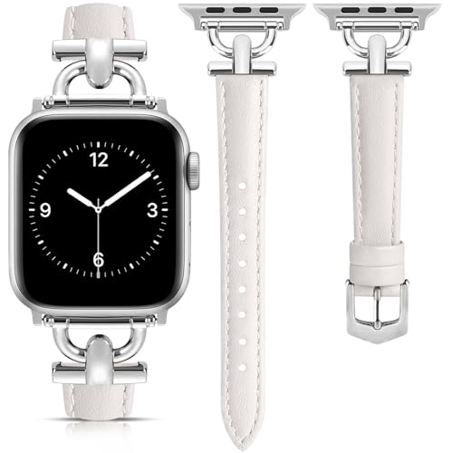 Image of Leather Band Compatible with Apple Watch Bands for Women, Dressy Fancy Strap for iWatch Series 11 /10 /9 /8 /7 /6 /5 /4 /3 /2 /1 /se /Ultra /Ultra 2(49mm 46mm 45mm 44mm 42mm,Starlight /Silver)
