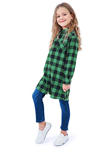 Image of OCHENTA Girls Flannel Shirt Dress 100% Cotton Plaid Button Down Buffalo Check Long Sleeve Kids School Outfits (3-12Y)