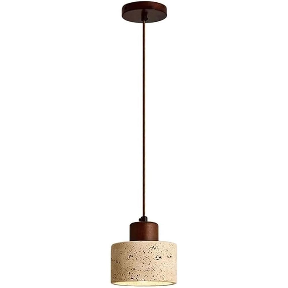 FEITENGDA Modern Minimalist Travertine Pendant Light Stone and Solid Wood Hanging Lamp Walnut Color Adjustable Cord Chandelier for Bedroom Bedside Kitchen Island Dining Room