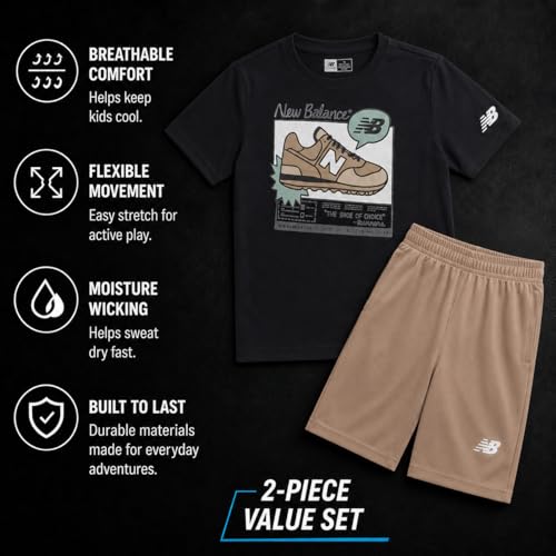 Image of New Balance Boys Athletic Shorts Set - 2 Piece Cotton Blend Jersey Shirt and Active Basketball Shorts for Boys