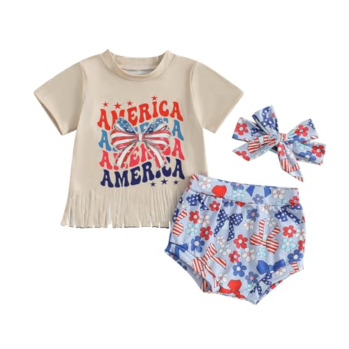 Youweixiong Infant Baby Girl 4th Of July Outfit Short Sleeve America Tassels Tshirt Tops Bow&Floral Print Shorts Headband Summer Clothes (Khaki, 18-24 Months)