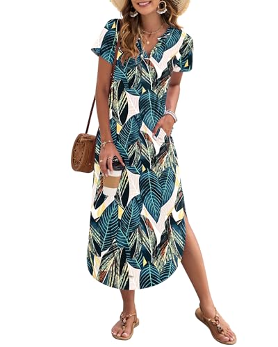 Image of MISFAY Women's Summer Maxi Dress 2026 Casual Short Sleeves V Neck Loose Sundress Split Long Beach T Shirt Dress