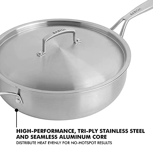 Image of Babish 5-Quart Tri-Ply Stainless Steel Saute Pan with Lid - Professional Grade Saute Pan for Frying, Searing & One-Pan Meals