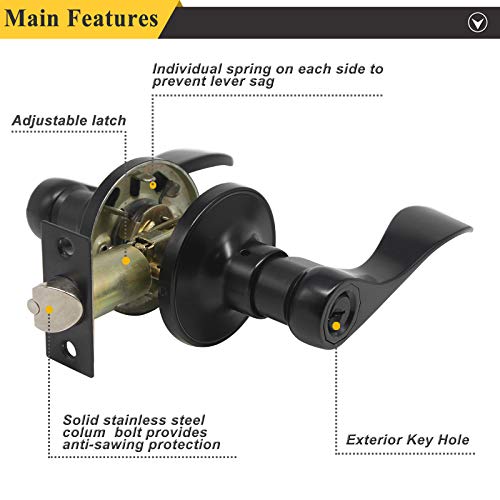 Probrico Matte Black Entry Lever, Stainless Steel Wave Style Entrance Handle Exterior Interior Keyed Lock Set For Front Or Office Doors,Reversible For Left Or Right Door Handing,1 Pack #TOP5