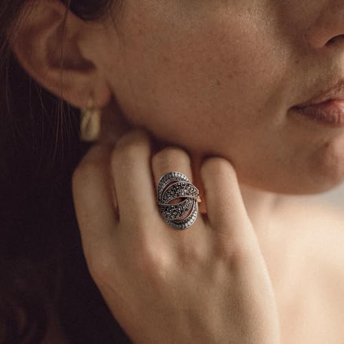 Image of Mytys Vintage Wide Ring Classic Black Marcasite Crystal Rows Statement Silver Chunky Rings
