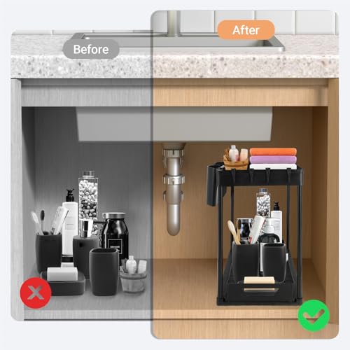 KITDAHOM Lot de 2 Rangement sous Évier Cuisine - Étagère sous Évier - design avec tiroirs - 10 crochets inclus - idéal pour la salle de bain et la cuisine - couleur noire – vue 3