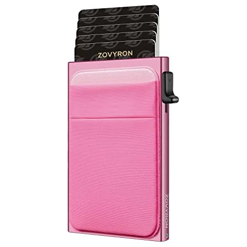 ZOVYRON Minimalist Wallet for Women Small Slim Pop Up Wallet Card Holder Wallet with Money Pocket, RFID Blocking Pink Smart Wallet Metal Card Case Cover