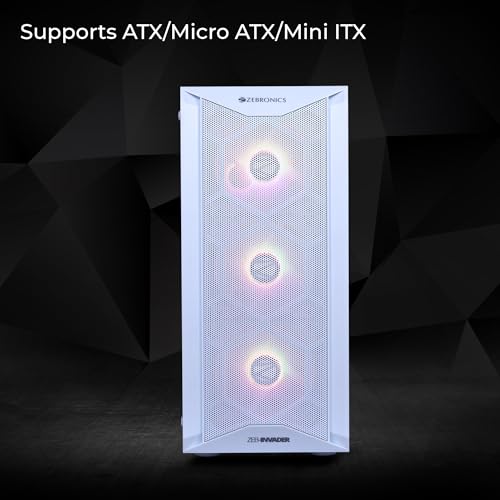 Image of ZEBRONICS Tempered Glass Invader Mid-Tower Premium Gaming Cabinet Eatx /ATX /Matx, 3X 120Mm Front + 1X 120Mm Rear Fan, Argb Inner Glow, RGB Led Control, Magnetic Dust Filter(White)