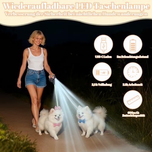 Doppelleine für 2 Hunde, 3 m Ausziehbare Anti-Verwickel-Hundeleine mit 360° Drehung, Rutschfestem Griff, Integrierter Taschenlampe & Kotbeutelhalter, Für Kleine Hunde bis 10 kg