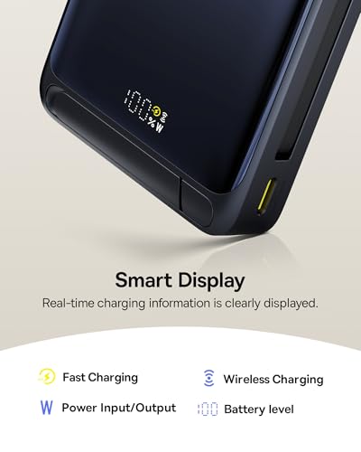 Baseus Nomos Qi2 Magsafe Powerbank, 15W Magnetische Powerbank voor iPhone 16/15/14/13, Externe Batterij 45W USB-C Snel Opladen, 10000mAh Powerbank Opvouwbaar met Display, Klein Maar Sterk, Zwart - Afbeelding 6