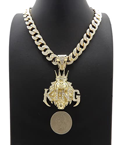 Gold Plated King Crown Lion Pendant & 10mm 18" 20" 24" Iced Cuban Chain Lab Diamond Hip Hop Jewelry Necklace2