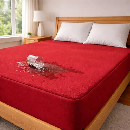 Image of Mattress Protector King Size, Terry Cotton Waterproof Bed Protector King Size, 78x72x8 Inch, Breathable Noiseless Ultra Soft, Elastic Fitted Mattress Cover | Bed Cover (Red)