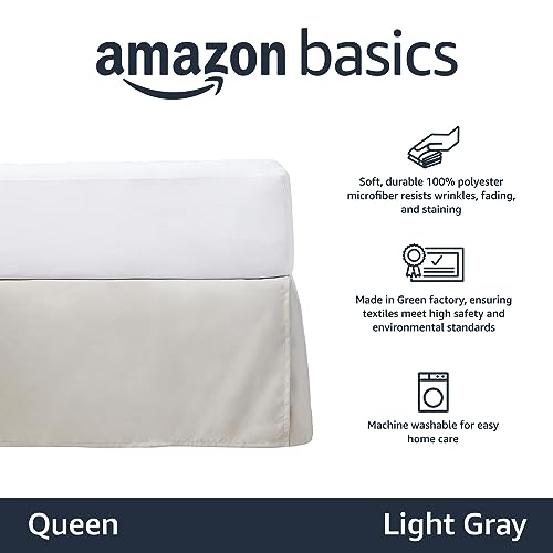 Image of Amazon Basics Lightweight Pleated Bed Skirt, Machine Washable, Wrinkle and Fade Resistant, Queen, Light Grey, 16-Inch Drop