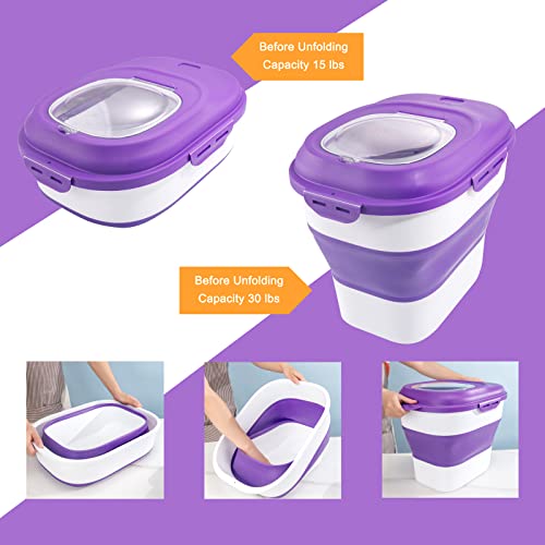 Sut Foldable Food Storage Container With Measuring Cup, Lid&Wheels, 15 Lbs Dog Cat Pet Food Storage Container, 30 Lbs Airtight Cereal Flour Rice Storage Container, Leakproof Sealable Dry Holder,Purple #TOP2