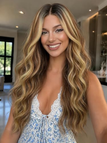 Eawwii Honey Caramel Highlight with Dark Roots Wig for Women