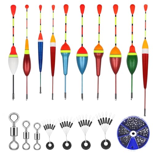 Set van 10 dobbers, 4 stuks rubberen stoppers, vissen, 3 stuks wervels, hengelaccessoires, forelhengelaccessoires, set dobbers, vissen voor verschillende vismaten in meren of vijvers