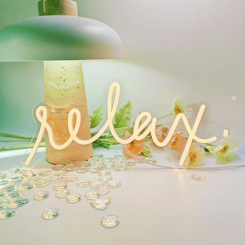 Image of Relax Neon Sign - USB Powered Warm White Neon Light with Dimmable Brightness for Bedroom, Yoga Studio & Room Decor