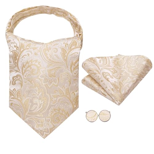 Image of Hi-Tie Silk Ascot for Men Self Tie Men's Cravat and Flower Lapel Pin Handkerchief Cufflinks Set for Wedding Party