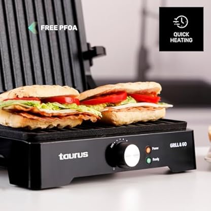Taurus - Elektrischer Kontaktgrill Grill&Co GR1500X | 1500W | Antihaftplatten 27,5 x 17,3 cm | 180° Schwenkdeckel | Einstellbarer Thermostat | Rutschfeste Basis | Abnehmbare Fettauffangschale – Bild 8