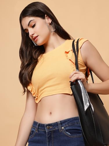 Image of Women's Round Neck Sleeveless Side Frill Design Pure Cotton Crop Top - Comfortable & Stylish Summer Top for Casual Wear