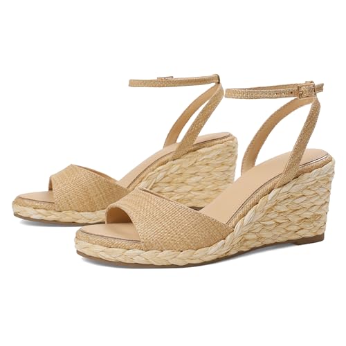 Image of Marc Ford Wedge Sandals For Women Raffia Espadrille Platform Wedges Summer Comfort Sandals Ankle Strap Stylish Open Toe Beach Vcation Raffia Wedges Heels 3 inch