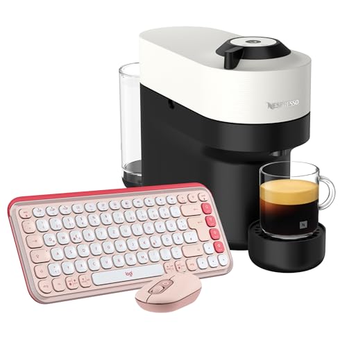 Nespresso Krups XN9201 Vertuo Pop Kaffeekapselmaschine Coconut White + Logitech POP ICON COMBO, Bluetooth-Tastatur-Maus-Set,Deutsches QWERTZ-Layout - Rosa
