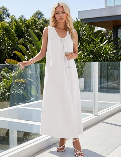 Image of Livtany Women's Scoop Neck Ruched Maxi Dress Flowy Swing Wide Straps Long Dress Casual Sleeveless Sundress with Side Pockets