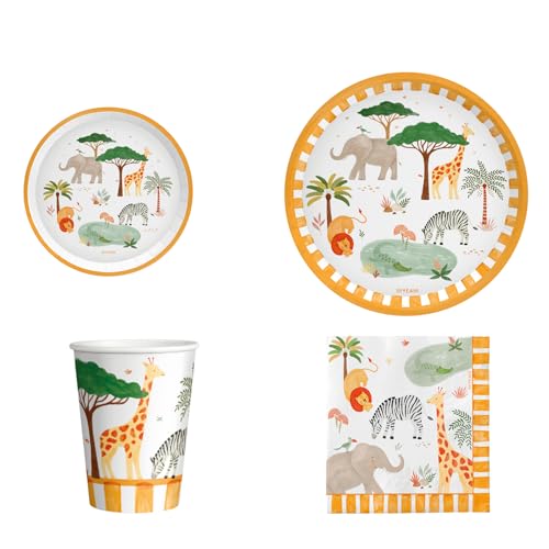 OH YEAH - Kit Vajilla Desechable Safari Fiesta de Cumpleaños 6 Personas - 42 Piezas - Platos, Vasos, y Servilletas Desechables - Decoración Vajilla Cumpleaños Infantil Temático - Kit Mesa