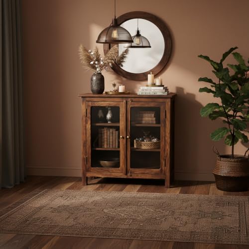 Image of APRODZ 2 Door Cabinet with Wicker Front 2 Shelves | Mango Wood Storage Organizer | Rustic Durable Stylish Wooden Furniture | Compact Design Home Decor (Tubaq)