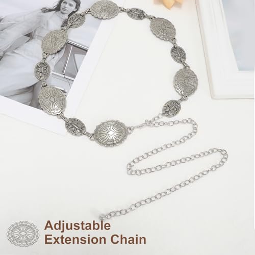 Image of WHIPPY Women Concho Chain Belt Metal Link Western Cowgirl Turquoise Chain Belt for Dress